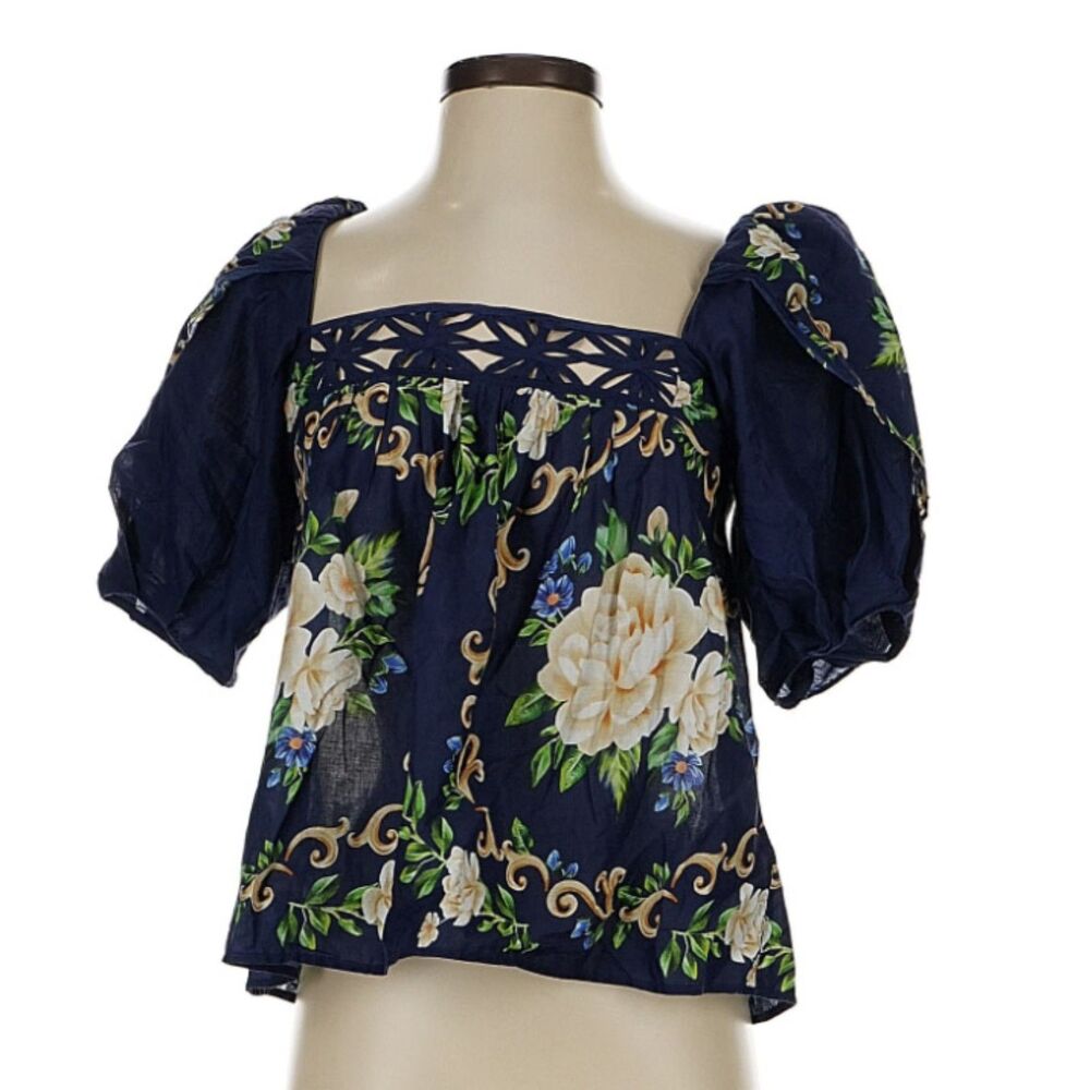 FARM Rio 100% Cotton Navy Blue Floral Puff Sleeve Square Neck Blouse Top Size XS